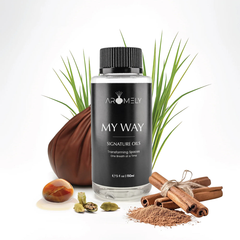 Aromely My Way diffuser oil 500ml bottle with cinnamon, cardamom, nutmeg and vetiver
