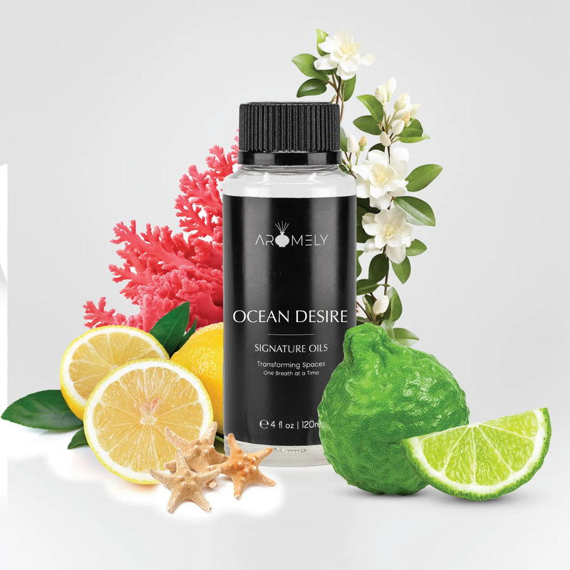 Aromely Ocean Desire diffuser oil 120ml bottle with lemon, lime, white florals and bergamot