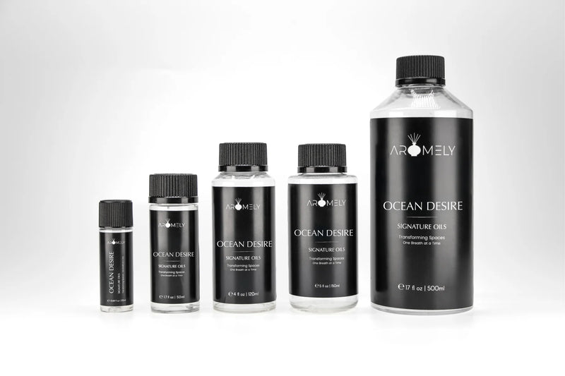 Aromely Ocean Desire diffuser oil bottle sizes with lemon, lime, white florals and bergamot