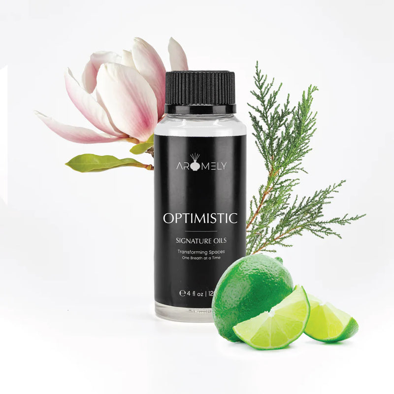 Aromely Optimistic diffuser oil 120ml bottle with lime, magnolia, cedarwood and fresh notes