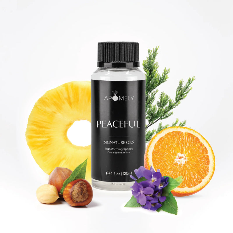Aromely Peaceful diffuser oil 120ml bottle with pineapple, orange, nutmeg and calming florals