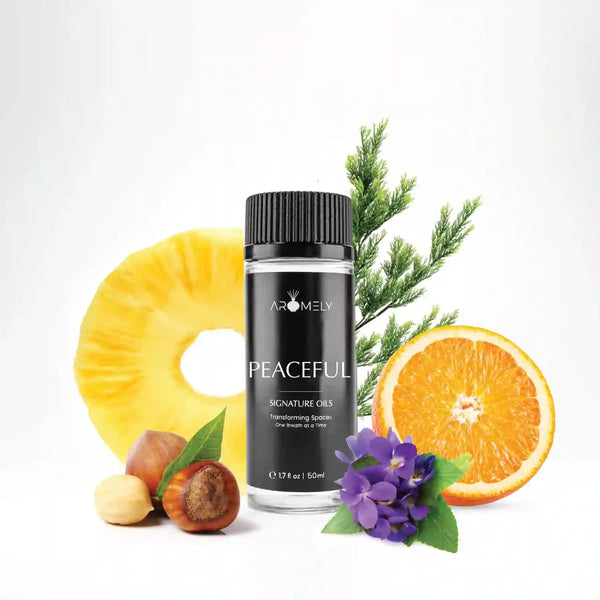 Aromely Peaceful diffuser oil 50ml bottle with pineapple, orange, nutmeg and calming florals
