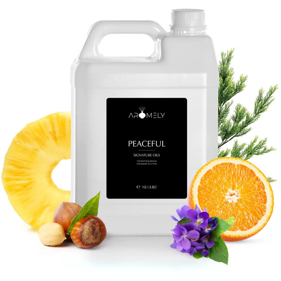 Aromely Peaceful diffuser oil 500ml bottle with pineapple, orange, nutmeg and calming florals