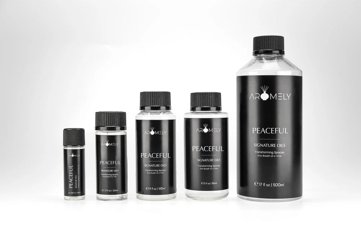 Aromely Peaceful diffuser oil bottle sizes with pineapple, orange, nutmeg and calming florals