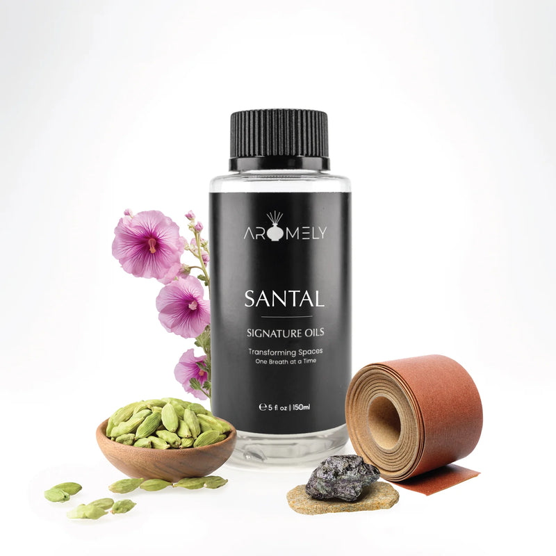 Aromely Santal diffuser oil 150ml bottle with cardamom, sandalwood, amber and floral notes