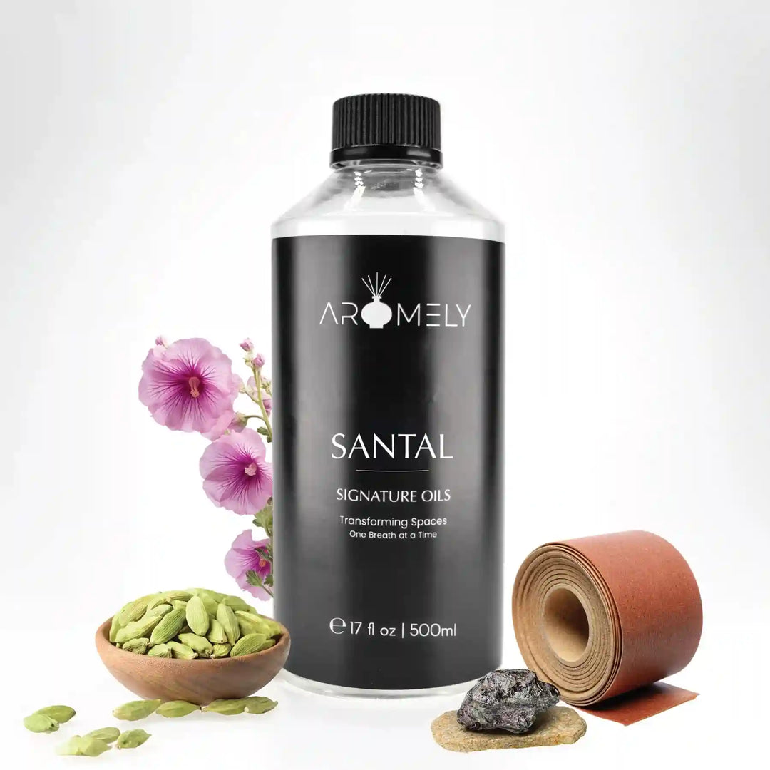 Aromely Santal diffuser oil 500ml bottle with cardamom, sandalwood, amber and floral notes