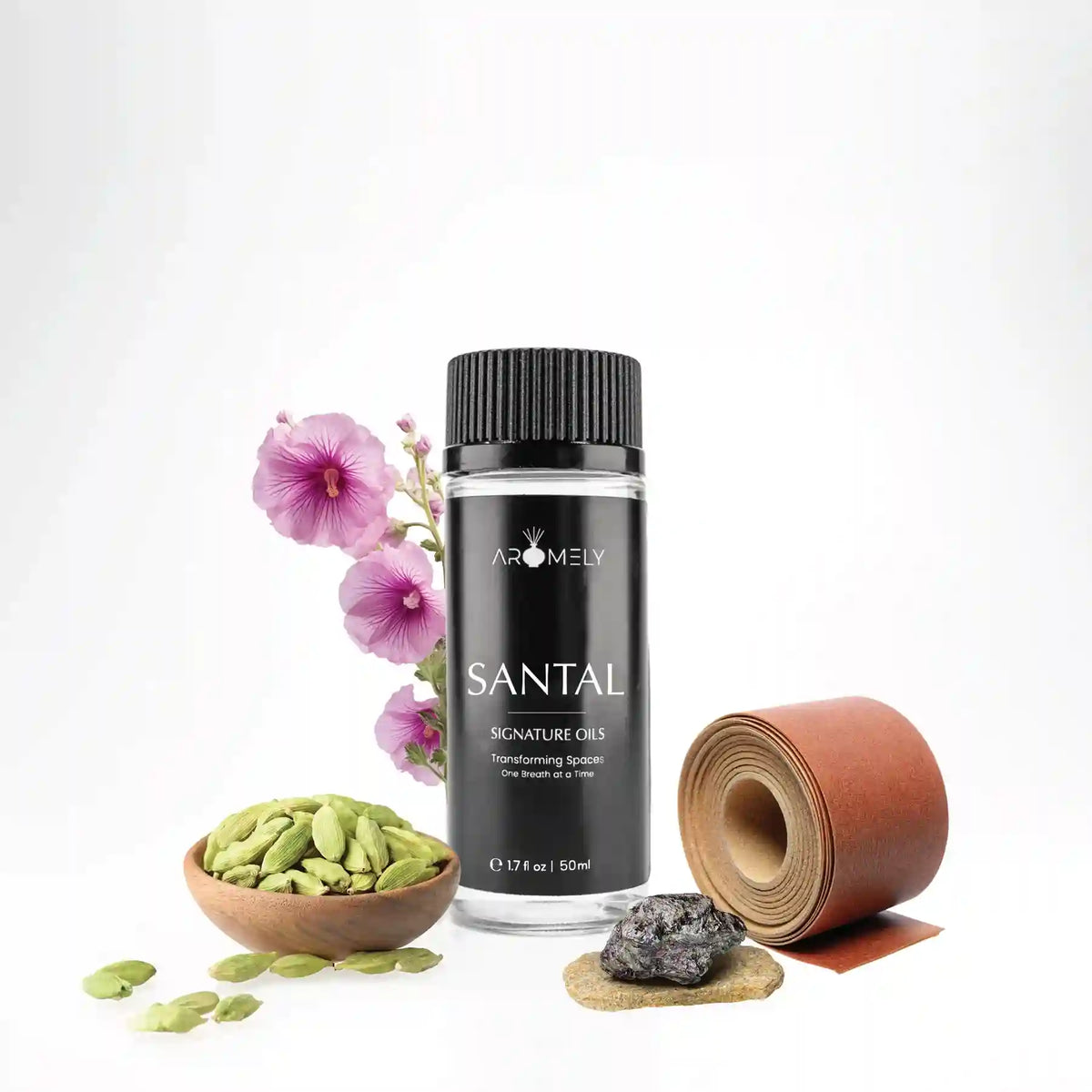 Aromely Santal diffuser oil 50ml bottle with cardamom, sandalwood, amber and floral notes