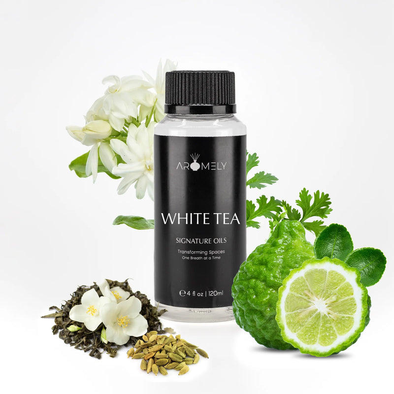 Aromely White Tea diffuser oil 120ml bottle with bergamot, jasmine, cardamom and herbs