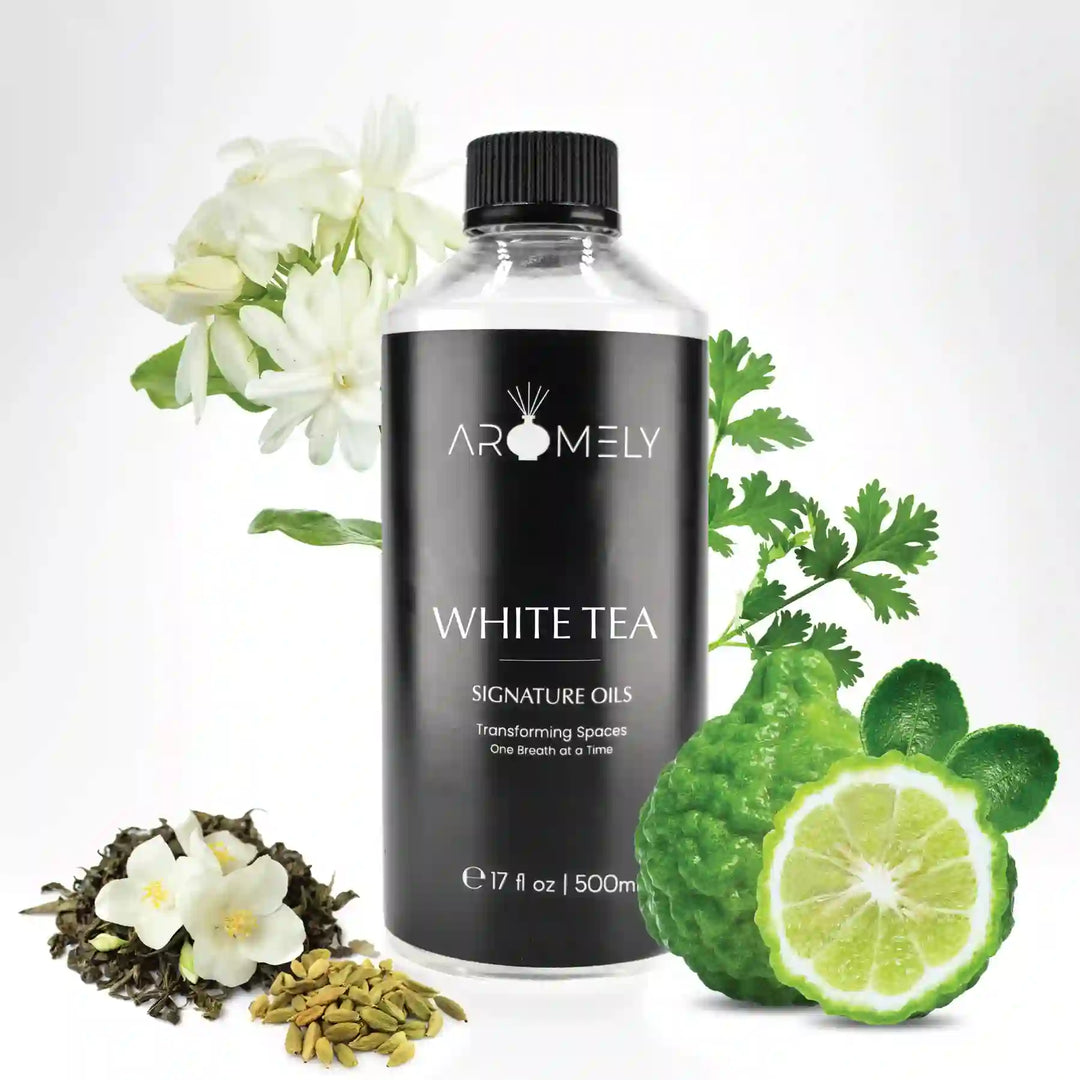 Aromely White Tea diffuser oil 500ml bottle with bergamot, jasmine, cardamom and herbs