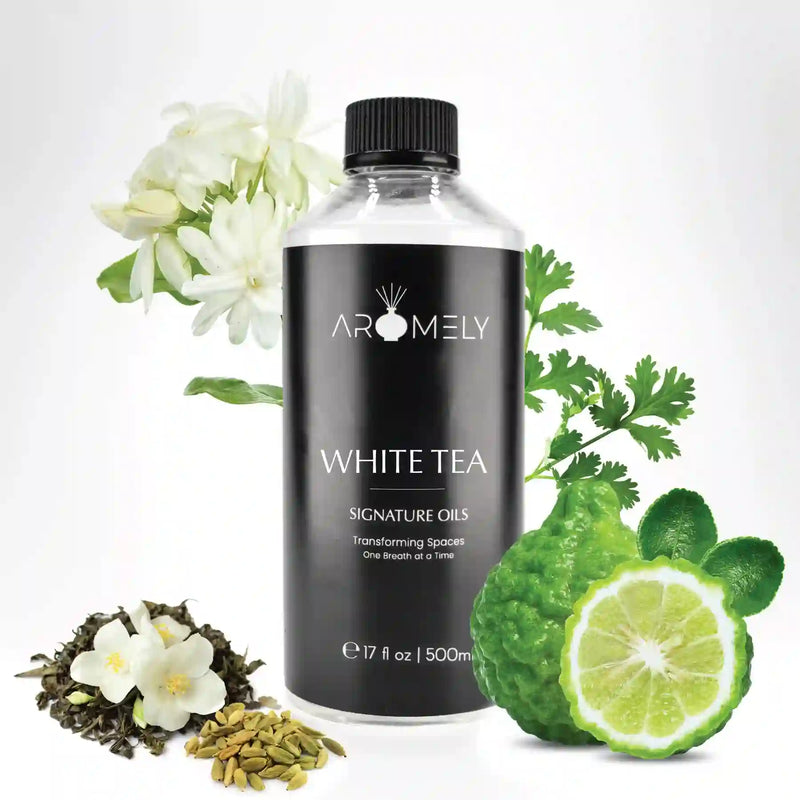 Aromely White Tea diffuser oil 500ml bottle with bergamot, jasmine, cardamom and herbs