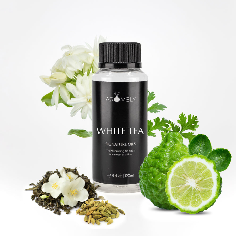 Signature Diffuser-Oil White-Tea in a 120ml size, infused with jasmine, bergamot, and herbal notes.