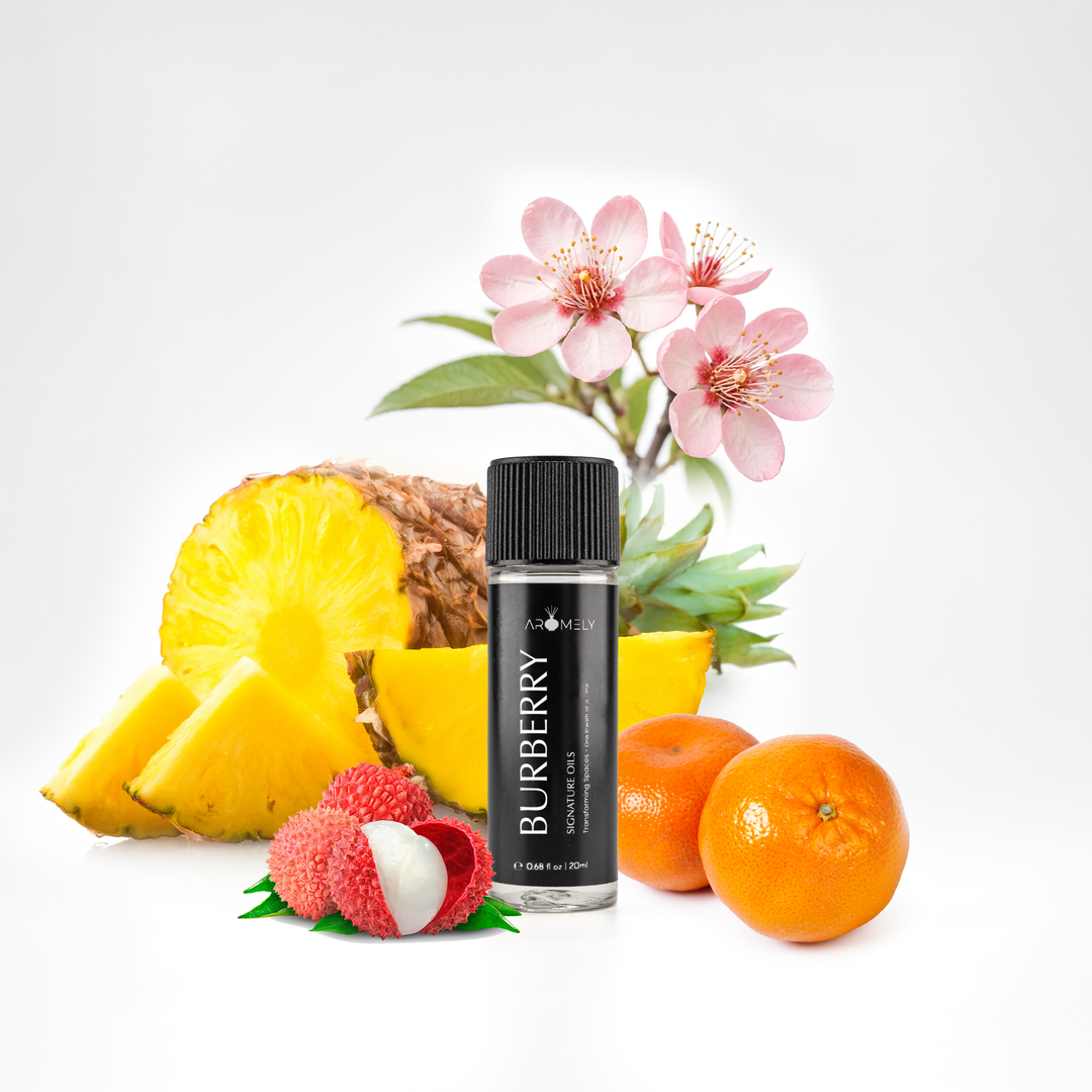 Aromely Burberry essential oil blend, 20ml bottle, with juicy pineapple, lychee, orange, and cherry blossoms. A vibrant, tropical, and fruity fragrance that immerses your home in the lush ambiance of an island getaway.