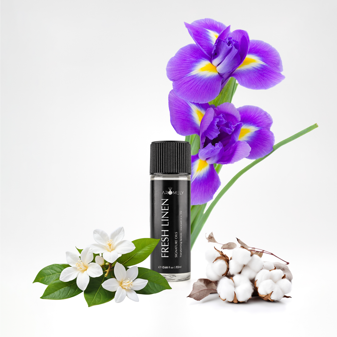 Aromely Fresh Linen essential oil blend, 20ml bottle, infused with white jasmine, cotton blossoms, and purple iris. A clean, crisp, and airy fragrance reminiscent of freshly washed linens—just like stepping into a pristine, high-end suite.