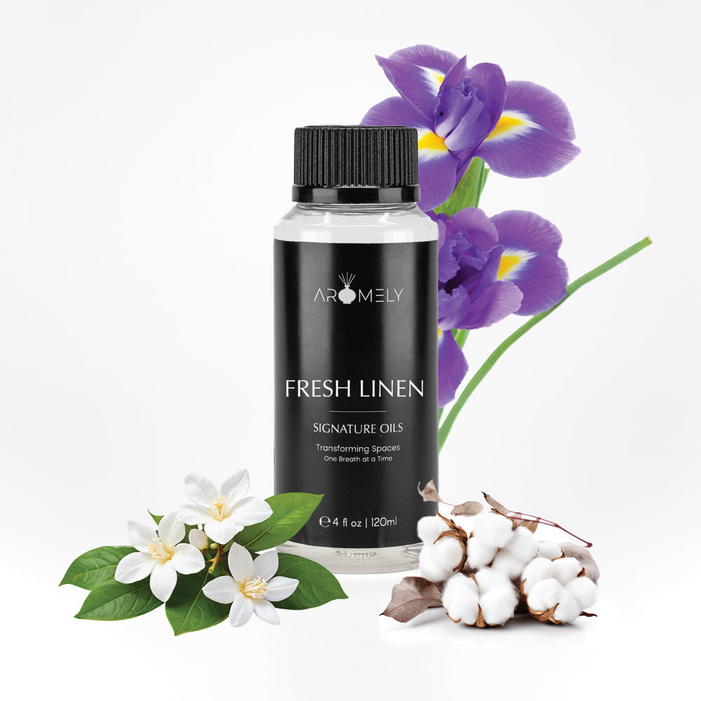 Fresh Linen 120ml Aromely diffuser oil capturing the essence of crisp white jasmine, soft cotton, and purple iris. A clean and refreshing home fragrance reminiscent of freshly laundered linens.