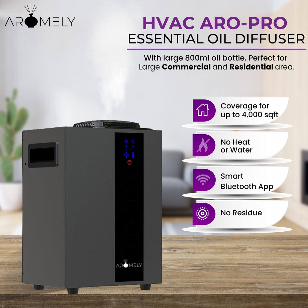 ARO PRO HVAC essential oil diffuser with 800ml capacity, smart Bluetooth app, waterless cold-air technology, and 4,000 sqft coverage for commercial and residential use.