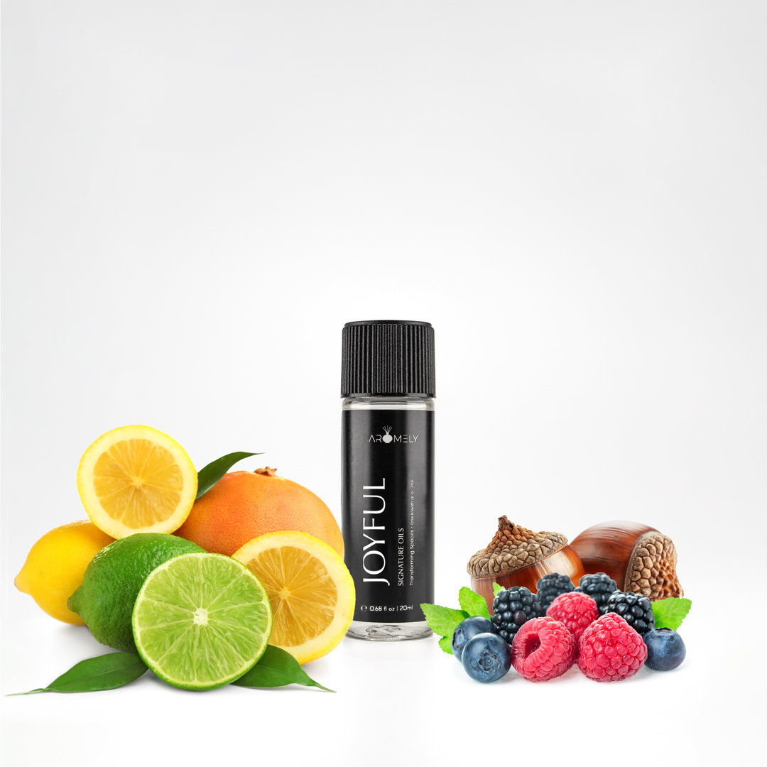 Aromely Joyful essential oil blend, 20ml bottle, featuring lemon, lime, orange, berries, and hazelnuts. This bright, citrusy, and fruity aroma energizes your home, making it feel as vibrant and welcoming as a luxury hotel lobby.