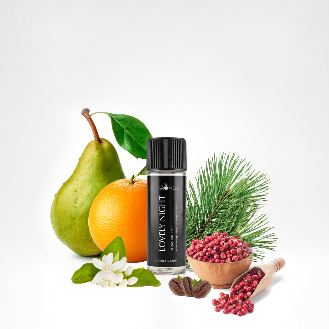 Aromely Lovely Night essential oil blend, 20ml bottle, with notes of pear, orange, pink pepper, pine, and coffee. A warm, spicy, and slightly fruity fragrance perfect for cozy evenings—evoking the comforting elegance of a high-end retreat.