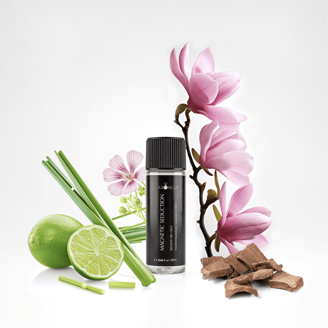 Aromely Magnetic Seduction essential oil blend, 20ml bottle, infused with lime, lemongrass, pink magnolia, and sandalwood. This citrusy, floral, and musky fragrance creates a sensual, inviting atmosphere—transforming your home into a luxurious hotel resort.