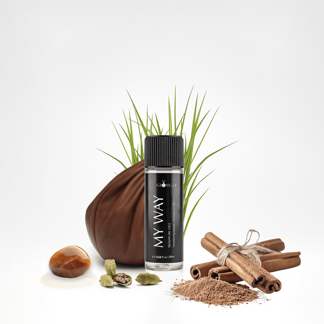 Aromely My Way essential oil blend, 20ml bottle, showcasing warm cardamom, cinnamon, and exotic vetiver grass. A rich, spicy, and earthy aroma that radiates confidence and elegance—turning your space into a five-star experience.