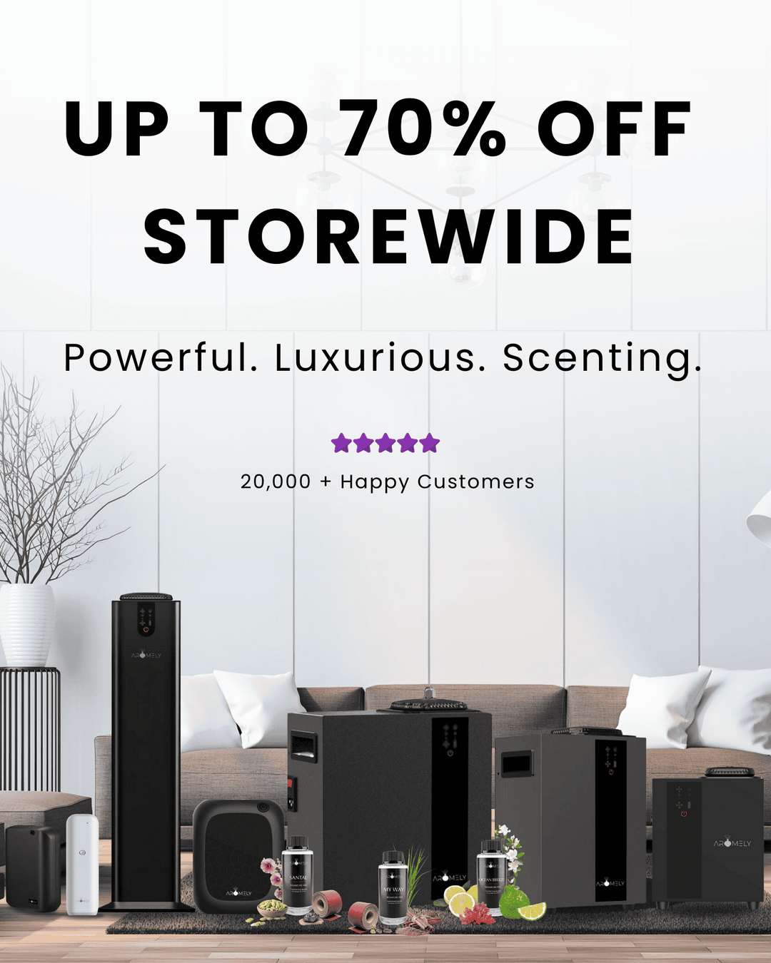 A promotional banner featuring a storewide sale of up to 70% off on luxury scent diffusers. The banner showcases various black and sleek diffuser models displayed in a modern living room setting. The text highlights "Powerful. Luxurious. Scenting." along with a 5-star rating and "20,000+ Happy Customers." The background has a minimalist aesthetic with a sofa, decorative plants, and soft lighting.