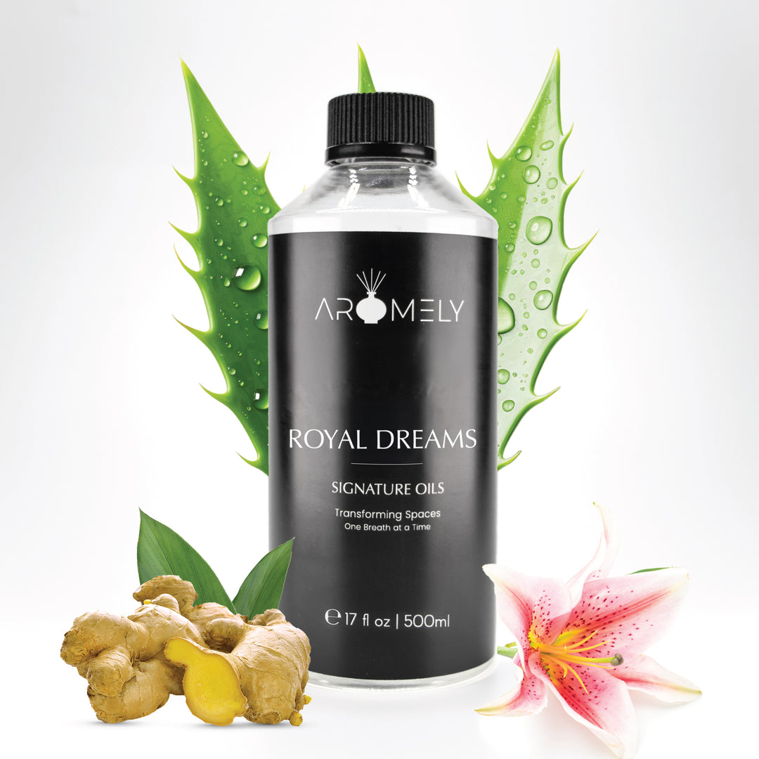 Aromely Royal Dreams diffuser oil, 500ml bottle, infused with fresh aloe, ginger root, and pink lilies. A refreshing, clean, and slightly spicy scent that captures the elegance of a grand hotel stay.