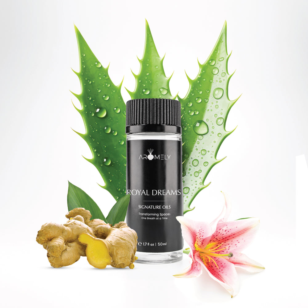 Aromely Royal Dreams diffuser oil, 50ml, infused with fresh aloe, ginger root, and pink lilies. A refreshing, clean, and slightly spicy scent for a calming ambiance.