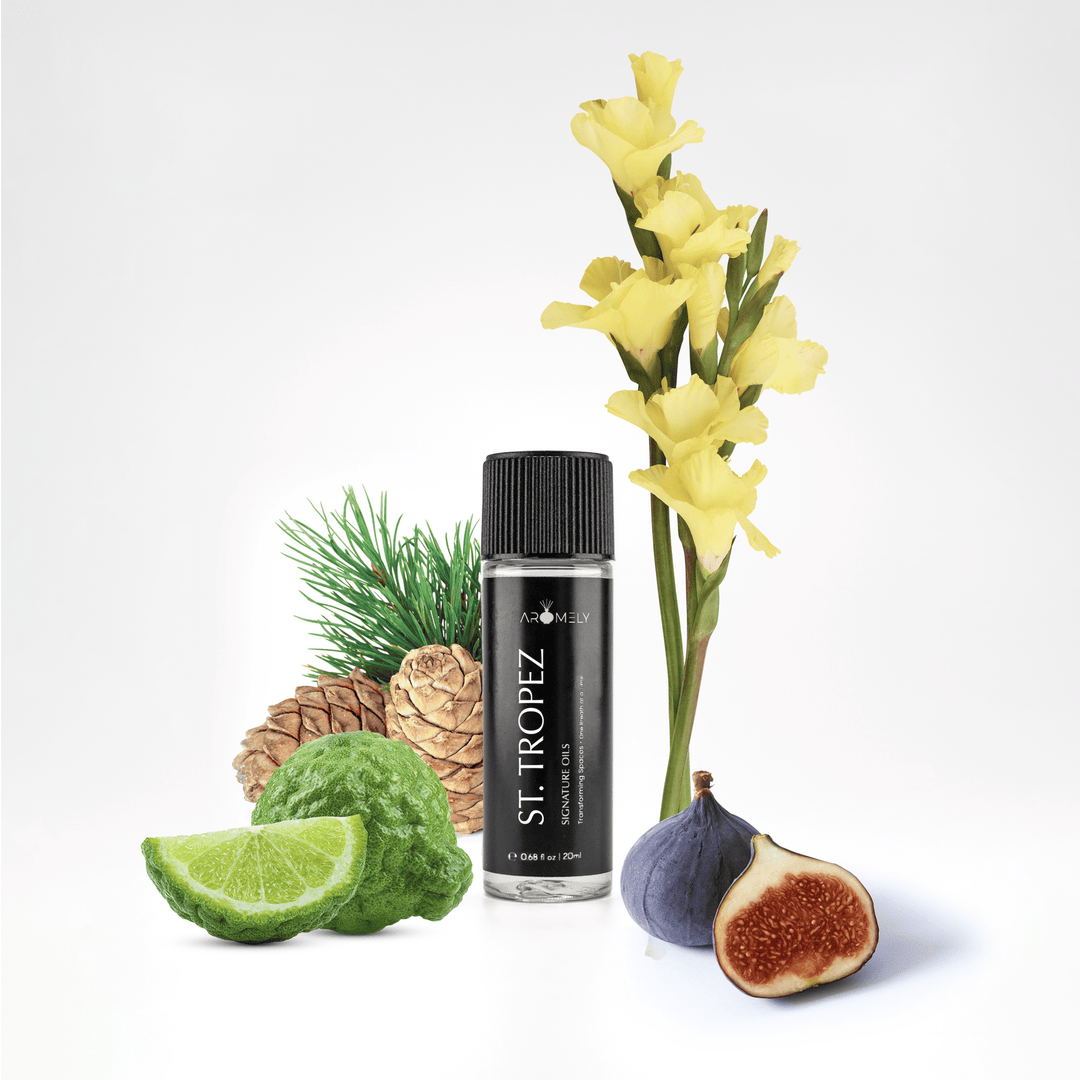 Aromely St. Tropez essential oil blend, 20ml bottle, with figs, yellow florals, pine cones, and citrus fruits. A sophisticated, exotic fragrance inspired by the French Riviera, turning your space into a Mediterranean paradise.