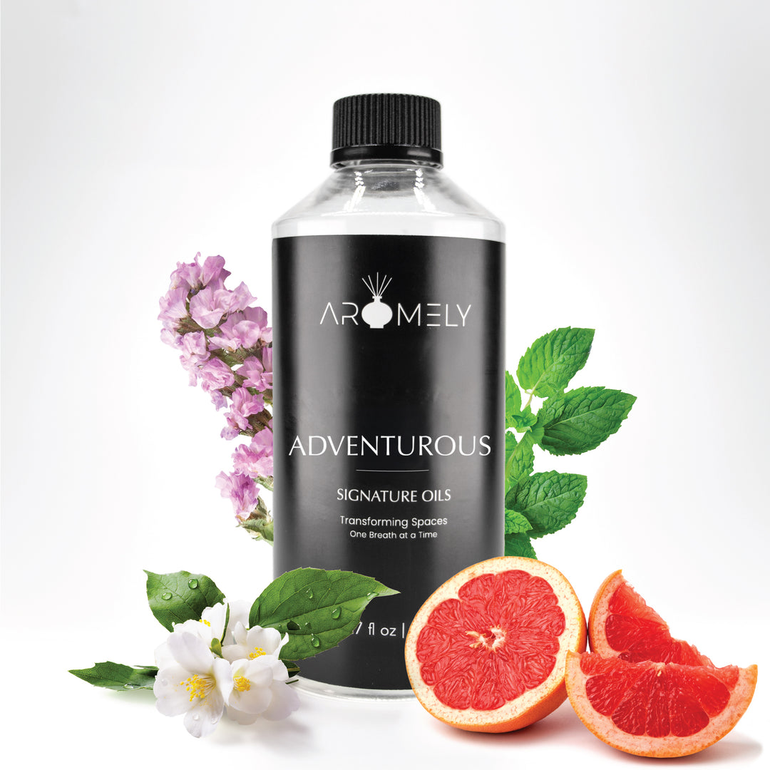 Aromely Adventurous diffuser oil, 500ml bottle, with mint leaves, jasmine flowers, and lilac blossoms. A fresh, floral, and invigorating scent that brings a bold and confident atmosphere—like stepping into a high-end resort.