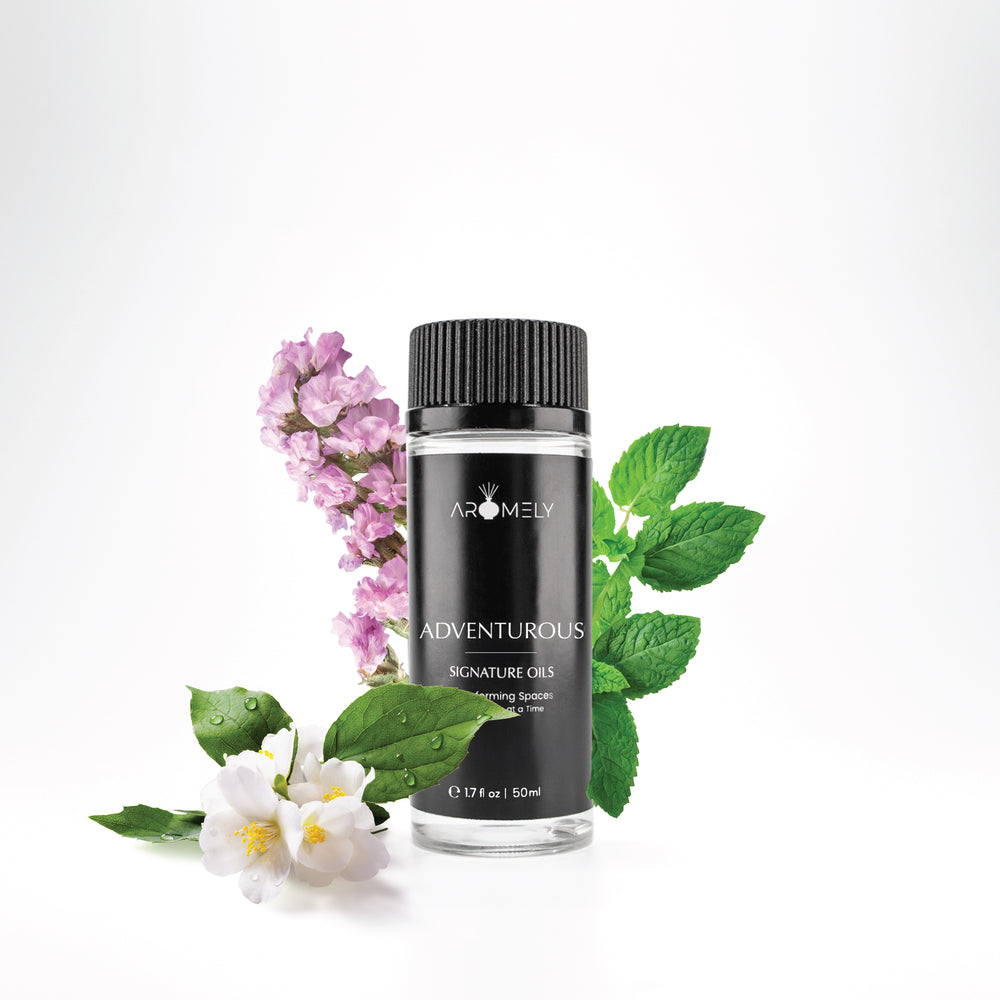 Aromely Adventurous diffuser oil, 50ml, with mint leaves, jasmine flowers, and lilac blossoms. A fresh, floral, and invigorating scent for bold and confident spaces.