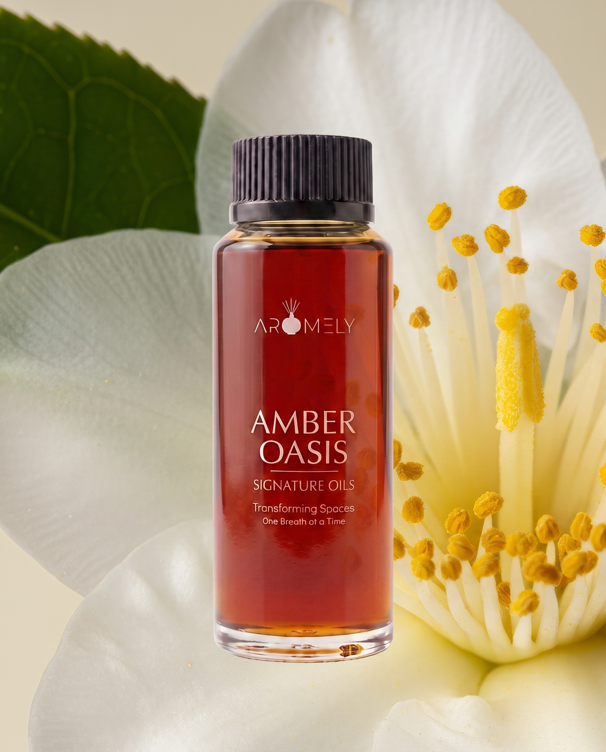 Aromely Amber Oasis fragrance oil bottle, 120 ml, against white petals