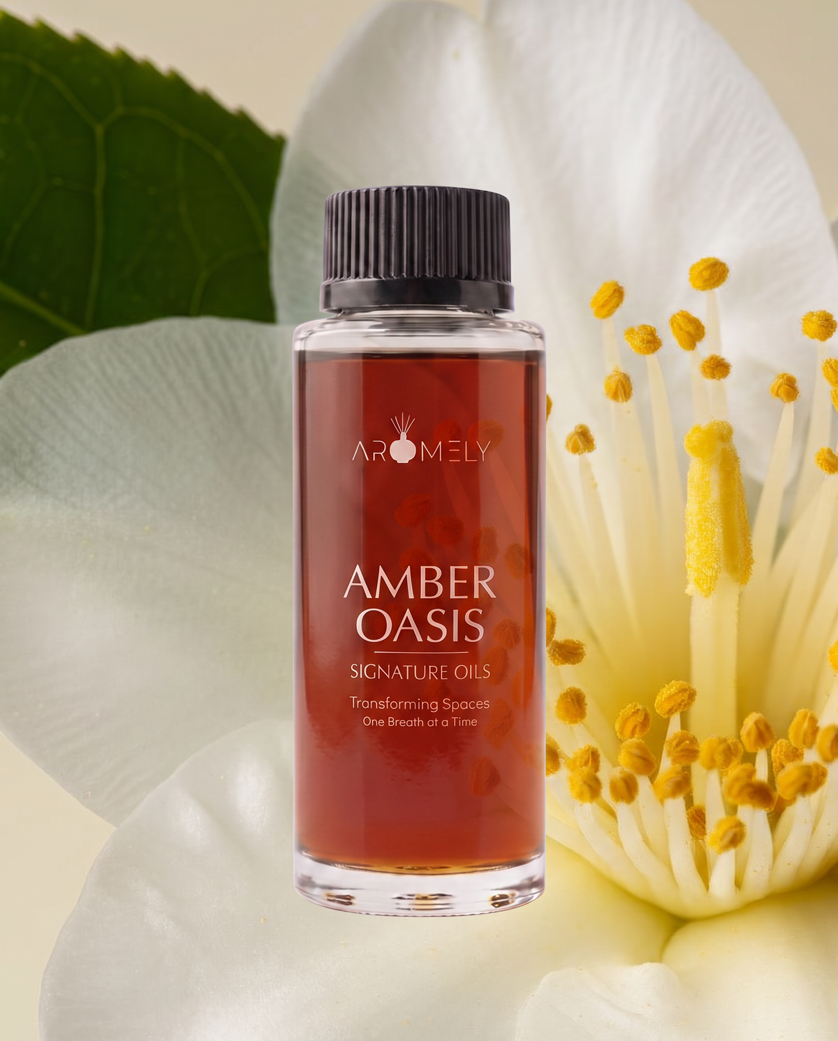 Aromely Amber Oasis fragrance oil bottle, 150 ml, against white petals