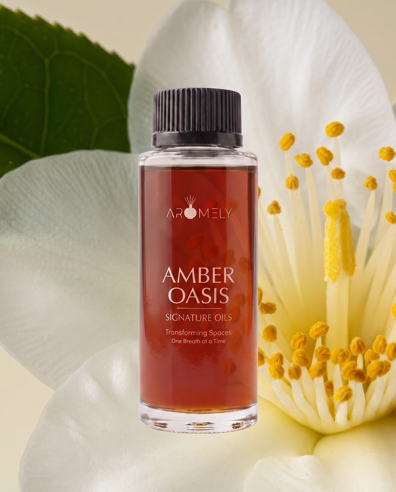 Aromely Amber Oasis fragrance oil bottle, 150 ml, against white petals