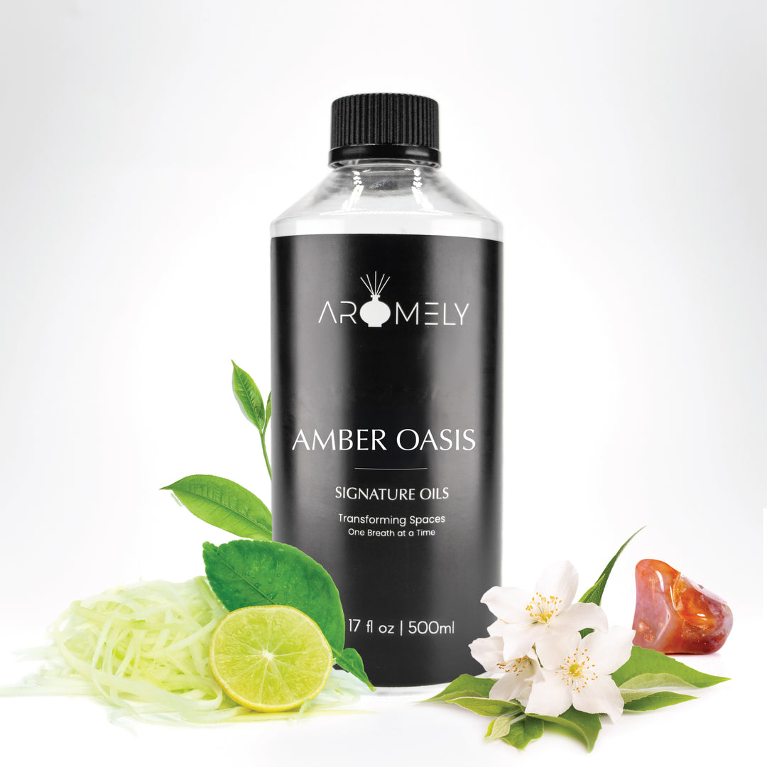 Aromely Amber Oasis diffuser oil, 500ml bottle, infused with green tea, lime, white florals, and amber resin. A warm, citrusy, and earthy scent that fills your home with the tranquility of an elegant retreat.