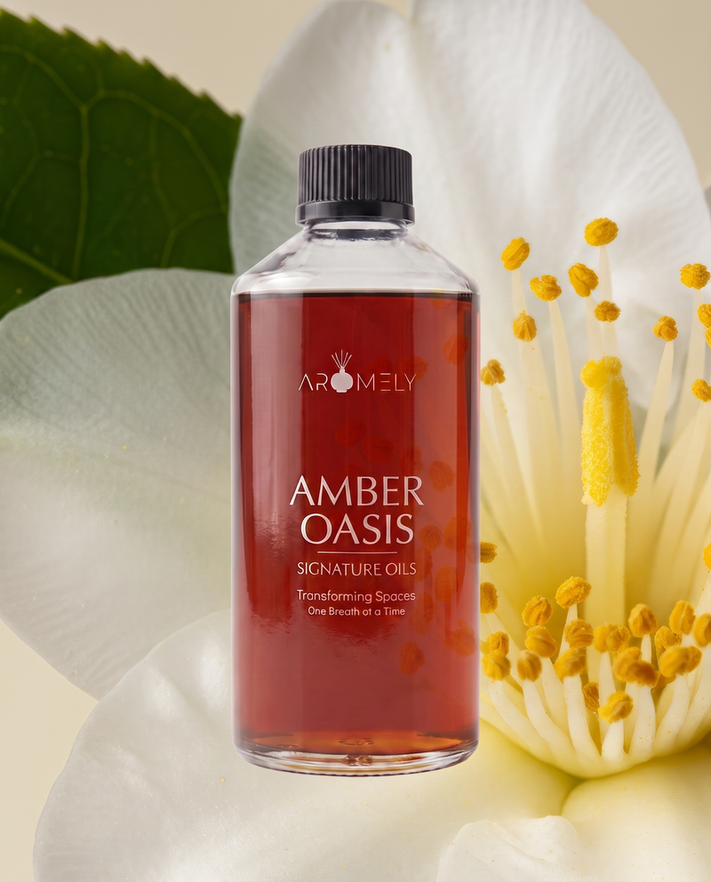 Aromely Amber Oasis fragrance oil bottle, 500 ml, against white petals