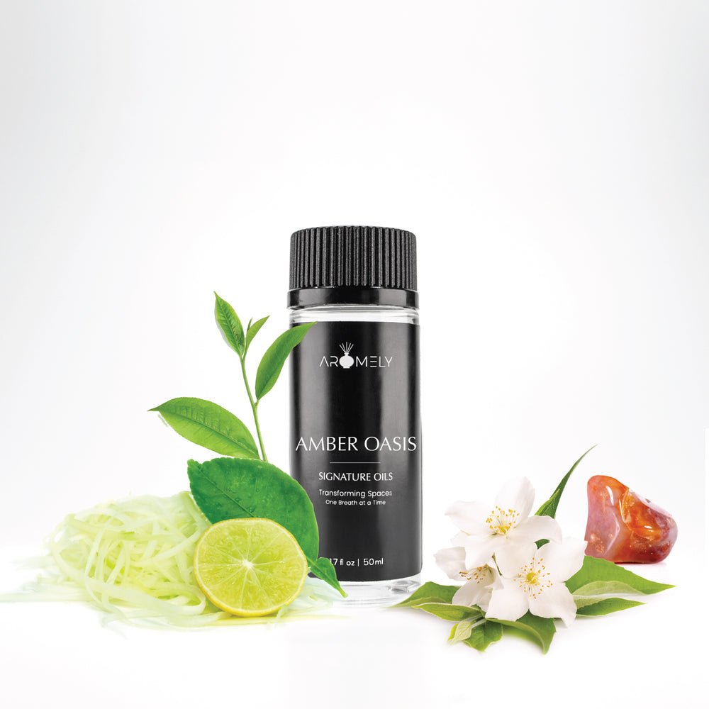 Aromely Amber Oasis diffuser oil, 50ml, infused with green tea, lime, white florals, and amber resin. A warm, citrusy, and earthy scent for a serene, luxurious ambiance.