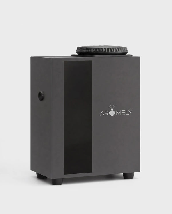 ARO HOME smart HVAC scent diffuser in graphite, front three-quarter view