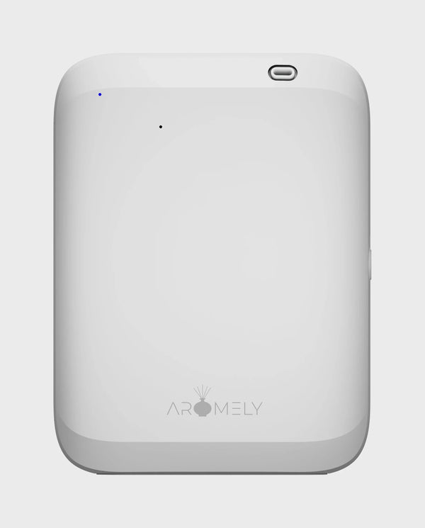 ARO LUX battery or plug-in scent diffuser in white, front three-quarter view