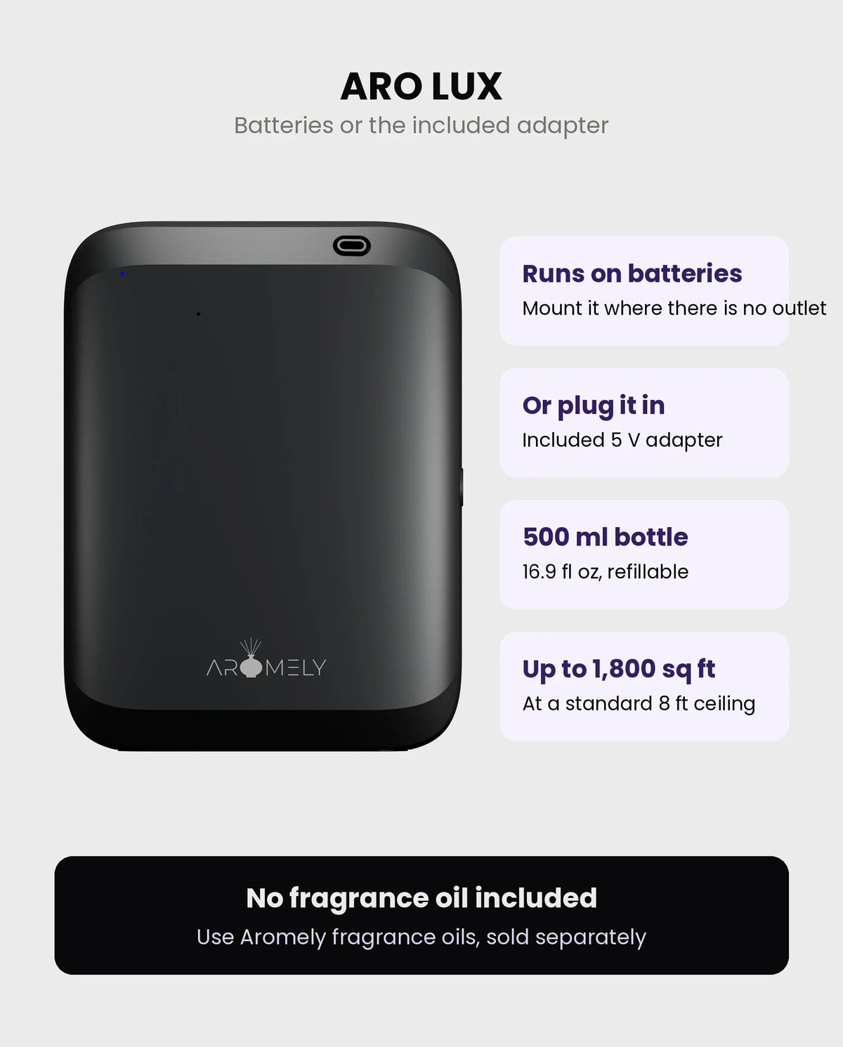 ARO LUX runs on batteries or the included adapter; up to 1,800 sq ft; no fragrance oil included