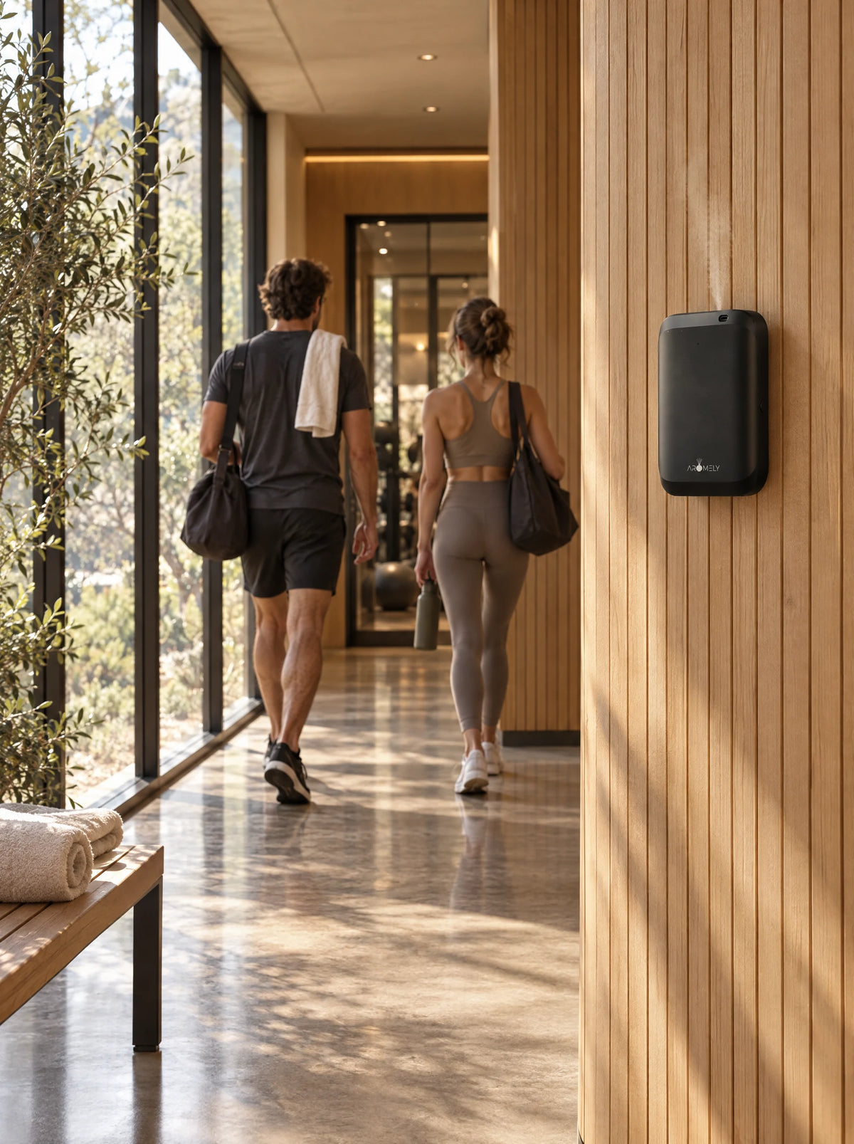 ARO LUX scent diffuser in black on the wall of a gym corridor as members walk past
