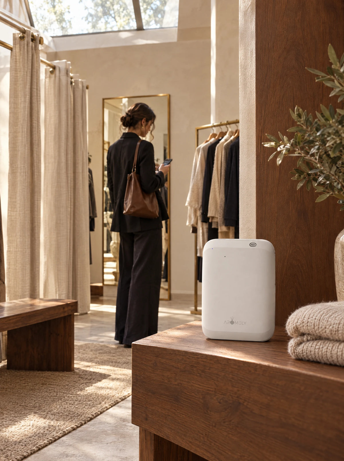 ARO LUX scent diffuser in white on a walnut shelf in a boutique fitting area, an associate checking her phone