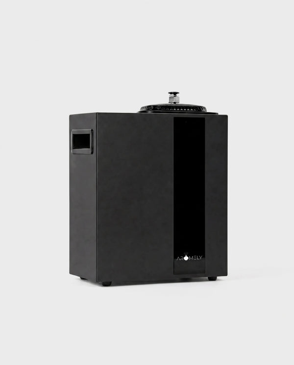 ARO PRO smart HVAC scent diffuser in matte black, front three-quarter view
