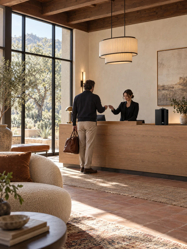 ARO PRO scent diffuser behind a hotel reception desk while staff check in a guest