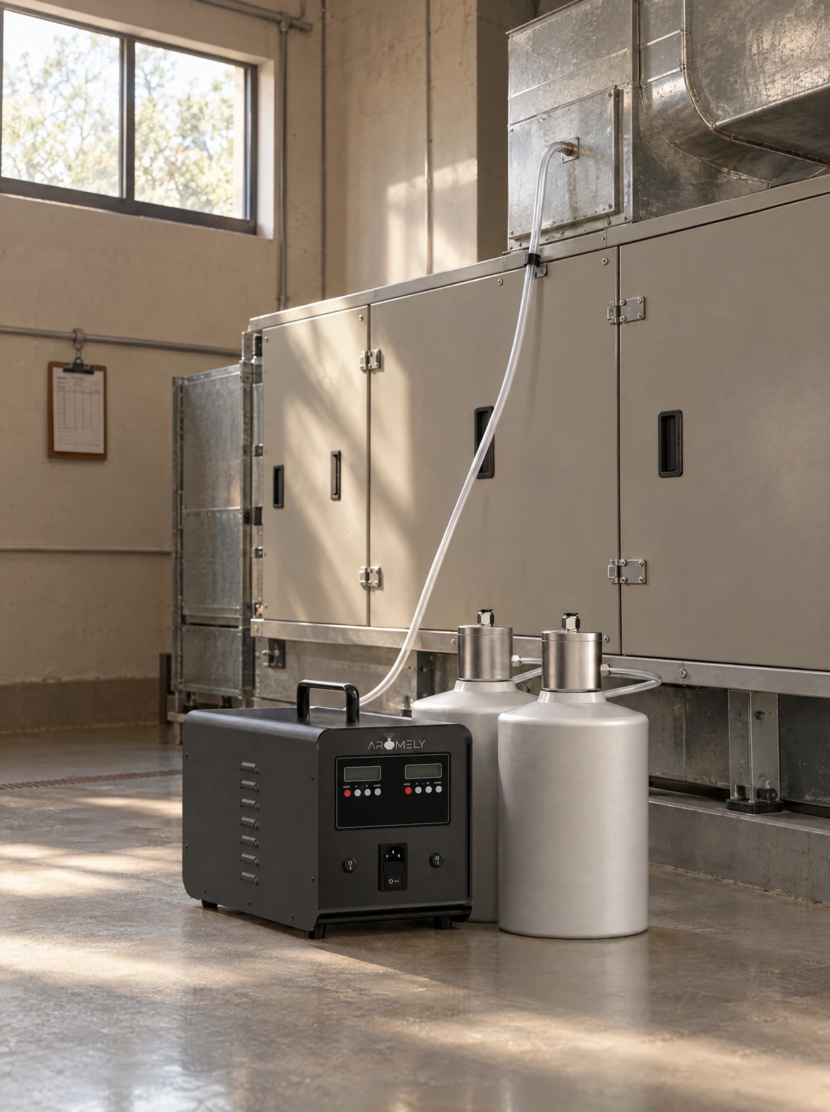 ARO VORTEX commercial scent diffuser with two 5 L containers on the floor of a hotel mechanical room, hose running to the air handler