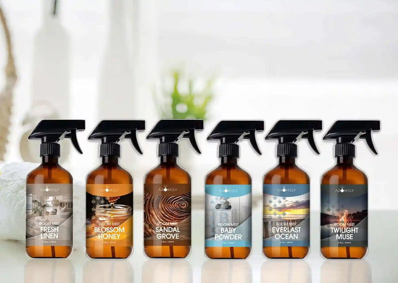 Aromely room mist collection 240ml sprays including Fresh Linen, Blossom Honey, Sandal Grove, Baby Powder, Everlast Ocean, and Twilight Muse