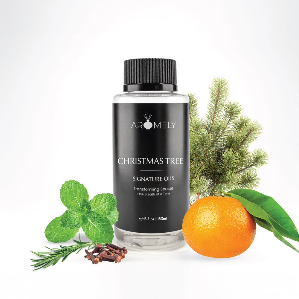 A 150ml bottle of Aromely Christmas Tree fragrance oil, infused with pine, clove, and citrus notes for a festive ambiance.