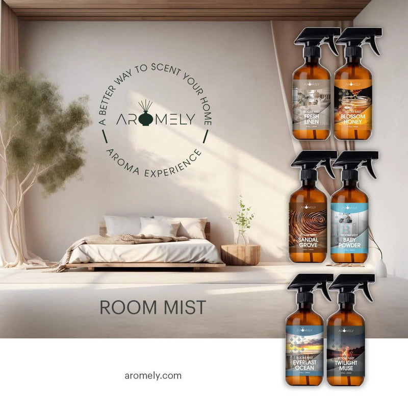 Aromely room mist 240ml sprays in bedroom setting featuring Fresh Linen, Blossom Honey, Sandal Grove, Baby Powder, Everlast Ocean, and Twilight Muse