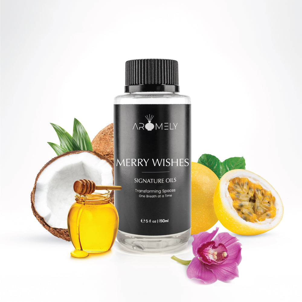 Aromely Merry wishes essential oil in 150ml bottle, featuring a holiday blend of pine, orange, cloves, and fresh greenery.