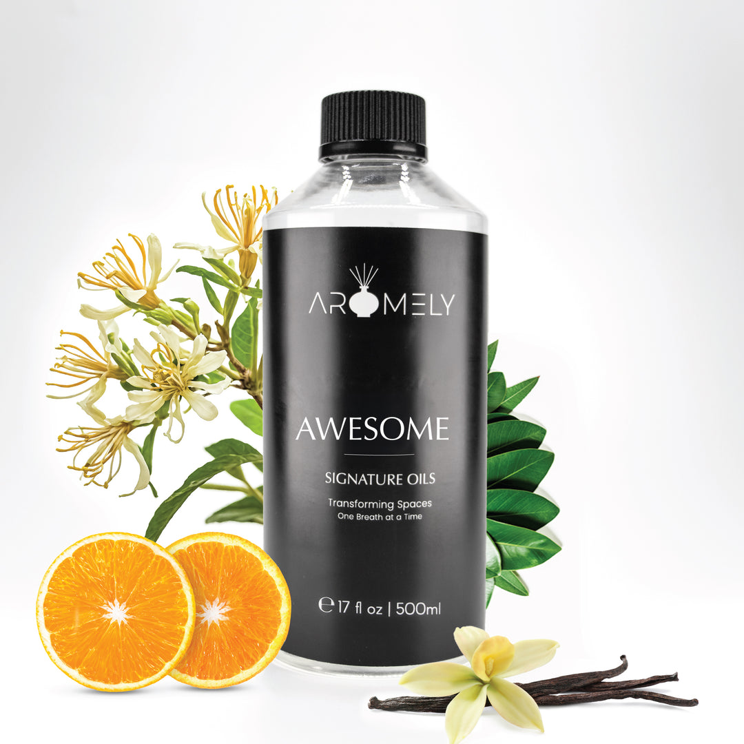 Aromely Awesome diffuser oil, 500ml bottle, featuring orange slices, honeysuckle flowers, and vanilla pods. A bright, sweet, and floral fragrance that uplifts your mood while bringing the charm of a five-star stay into your space.