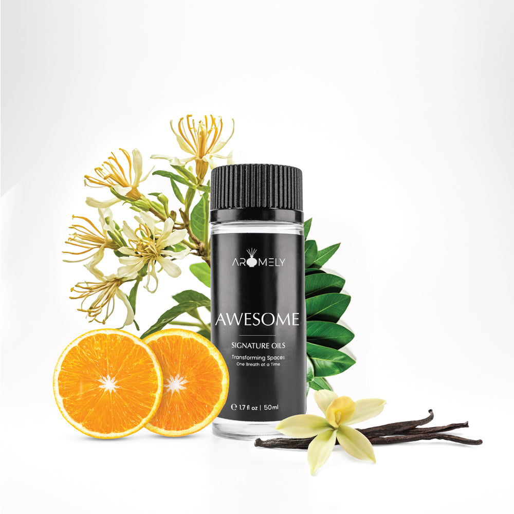 Aromely Awesome diffuser oil, 50ml, featuring orange slices, honeysuckle flowers, and vanilla pods. A bright, sweet, and floral fragrance for uplifting energy.