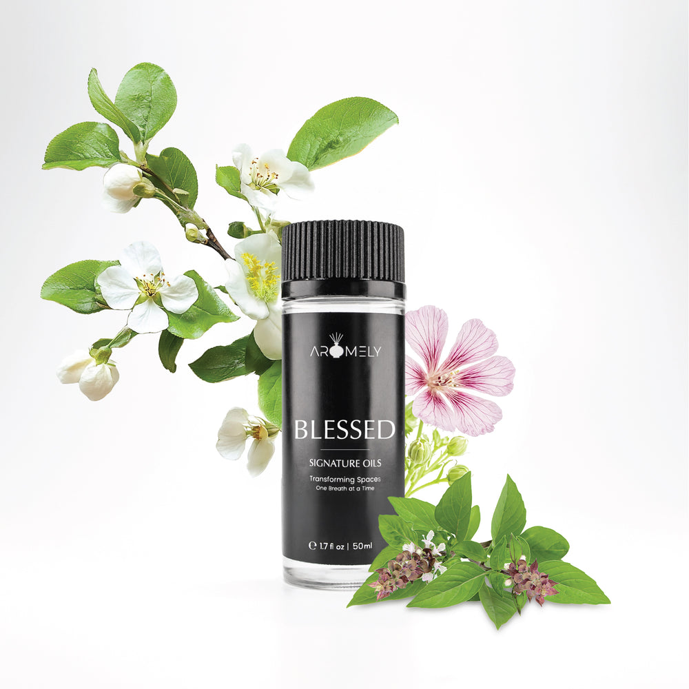 Aromely Blessed diffuser oil, 50ml, with white apple blossoms, soft pink florals, and fresh herbal notes. A delicate, clean, and calming scent for peaceful environments